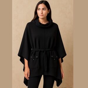 Yoon Black Cotton Blend Turtleneck Poncho with Belt and pockets Knee length Sz M